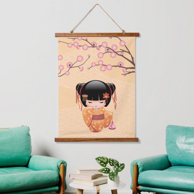 Ume Kokeshi Doll - Japanese Peach Geisha Girl Hanging Tapestry (Living Room)