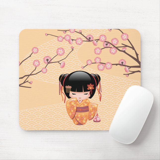 Ume Kokeshi Doll - Japanese Peach Geisha Girl Mouse Mat (With Mouse)