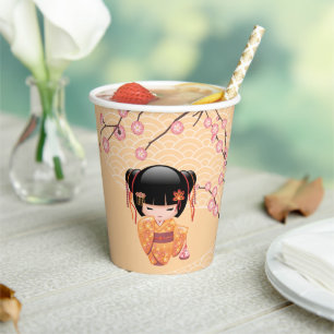 Ume Kokeshi Doll - Japanese Peach Geisha Girl Paper Cups