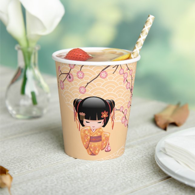 Ume Kokeshi Doll - Japanese Peach Geisha Girl Paper Cups (Insitu)