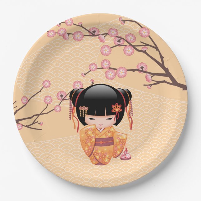 Ume Kokeshi Doll - Japanese Peach Geisha Girl Paper Plate (Front)