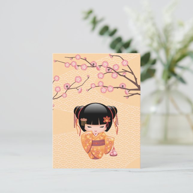 Ume Kokeshi Doll - Japanese Peach Geisha Girl Postcard (Standing Front)