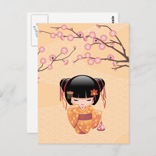 Ume Kokeshi Doll - Japanese Peach Geisha Girl Postcard (Front/Back)
