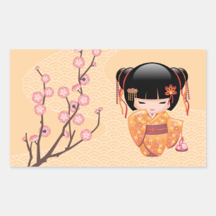 Ume Kokeshi Doll - Japanese Peach Geisha Girl Rectangular Sticker