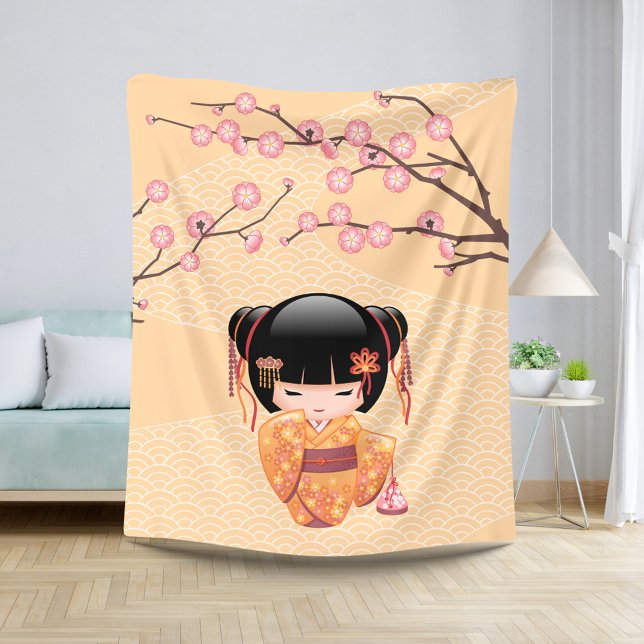 Ume Kokeshi Doll - Japanese Peach Geisha Girl Sherpa Blanket (Creator Uploaded)