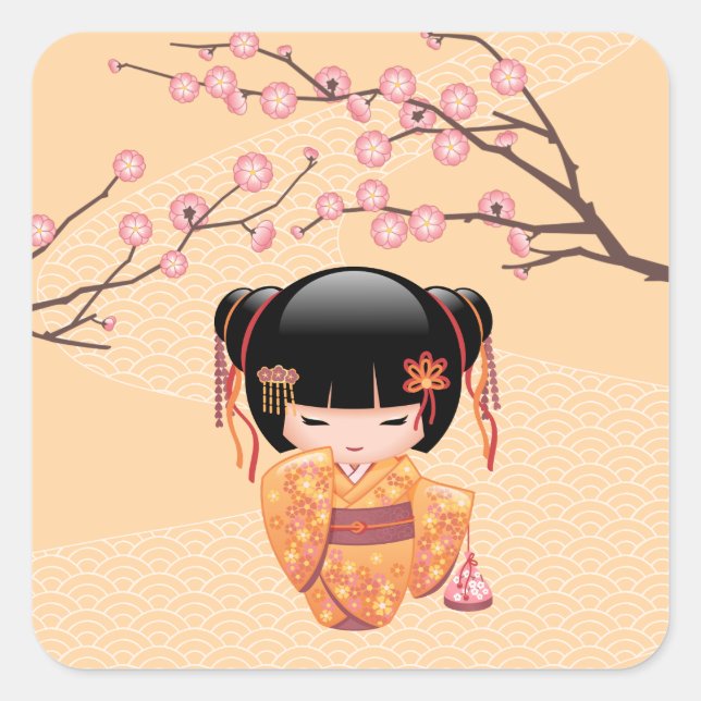 Ume Kokeshi Doll - Japanese Peach Geisha Girl Square Sticker (Front)
