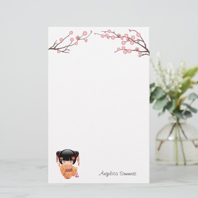 Ume Kokeshi Doll - Japanese Peach Geisha Girl Stationery (Standing Front)
