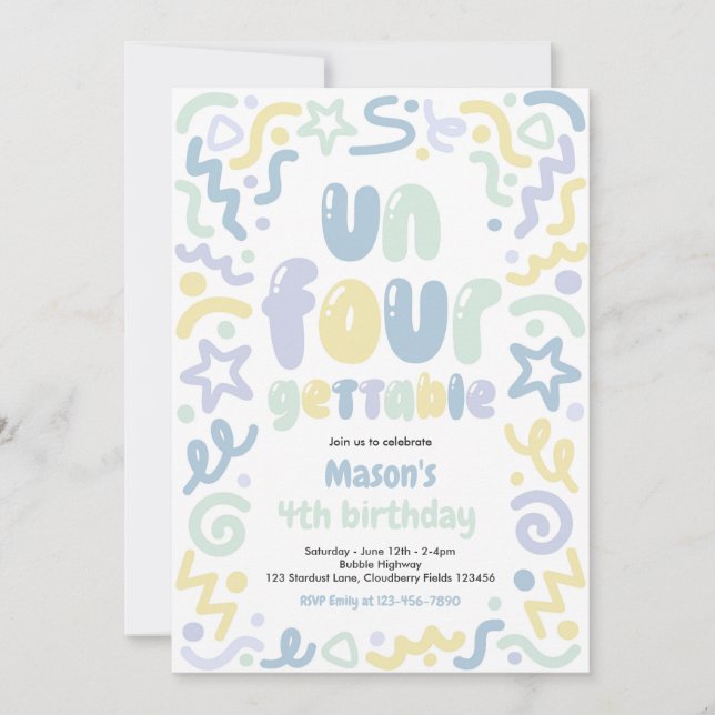 Un-Four-Gettable Confetti Balloon 4th Birthday  Invitation (Front)