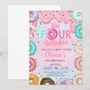 Un-four-gettable doughnuts girl 4th birthday invit invitation