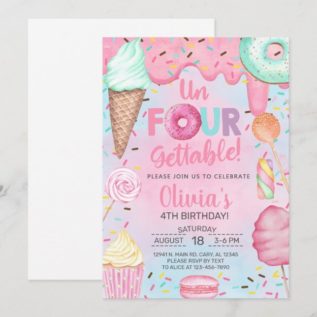Un-four-gettable sweets girl 4th birthday invite. invitation (Front/Back)