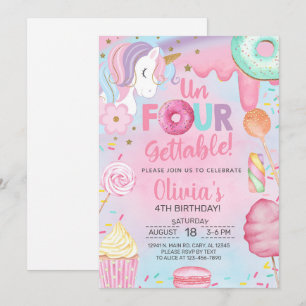 Un-four-gettable sweets Unicorn girl 4th birthday. Invitation