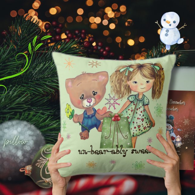 Unbearably Sweet Girl and Teddy Bear Cushion (Unbearably Sweet Girl and Teddy Bear Throw Pillow)