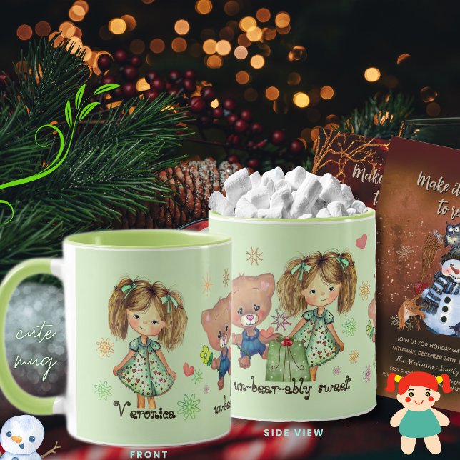 Unbearably Sweet Teddy Bear and a Girl Mug (Unbearably Sweet Teddy Bear and a Girl Mug- front and side view)