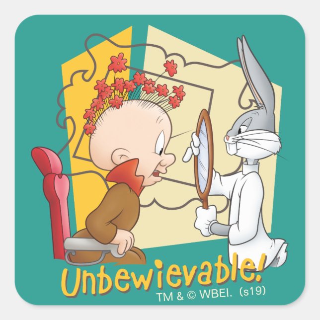 "Unbewievable" Barber BUGS BUNNY™ & Elmer Fudd Square Sticker (Front)