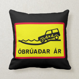 Unbridged River, Traffic Sign, Iceland Cushion