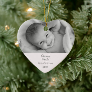 Uncle 1st Christmas Personalised Photo Heart Ceramic Tree Decoration