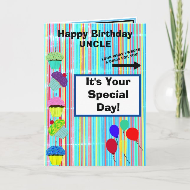 Uncle Birthday Balloons Cupcakes Stripes NAME Card (Front)