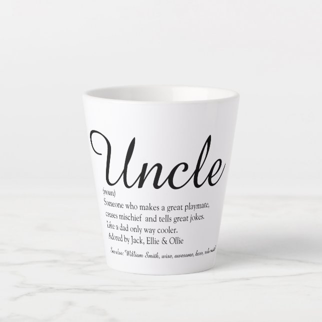 Uncle Cool Fun Elegant Script Black and White Latte Mug (Front)