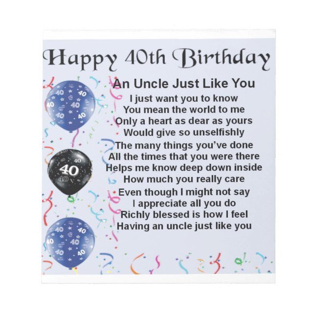 Uncle Poem - 40th Birthday Notepad (Front)