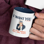 Uncle Sam Custom Message Funny Patriotic Two-Tone Coffee Mug<br><div class="desc">Uncle Sam is here to tell you to stay awake, drink less coffee, have a good day, or whatever other message you would like. Create your own fun coffee mug when you customise the red text beneath Uncle Sam with your own personalised text. This mug is in the style of...</div>