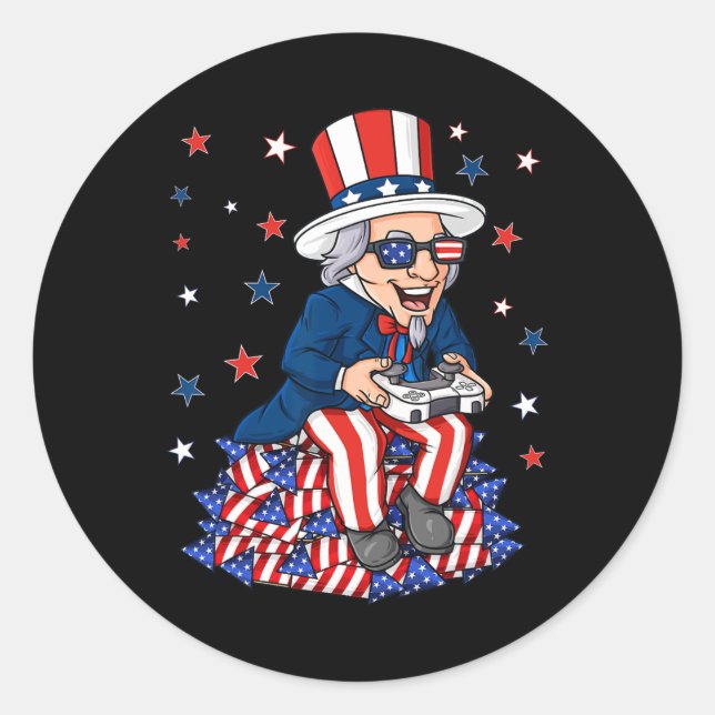 Uncle Sam Game Controller 4th Of July Boys Kids Te Classic Round Sticker (Front)