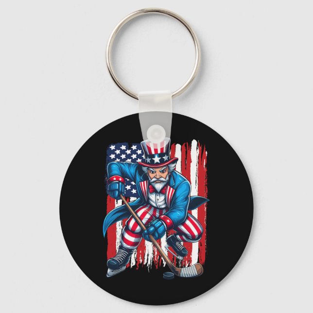Uncle Sam Hockey Player 4th Of July American Flag  Key Ring (Front)
