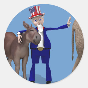Uncle Sam Hugs Happy Donkey Classic Round Sticker