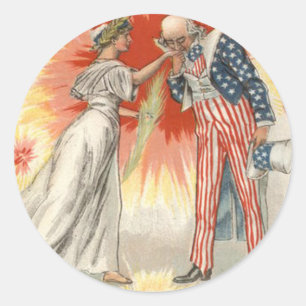 Uncle Sam Lady Liberty US Flag Fireworks Classic Round Sticker