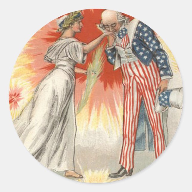 Uncle Sam Lady Liberty US Flag Fireworks Classic Round Sticker (Front)