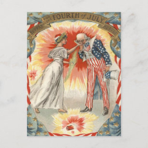 Uncle Sam Lady Liberty US Flag Fireworks Postcard