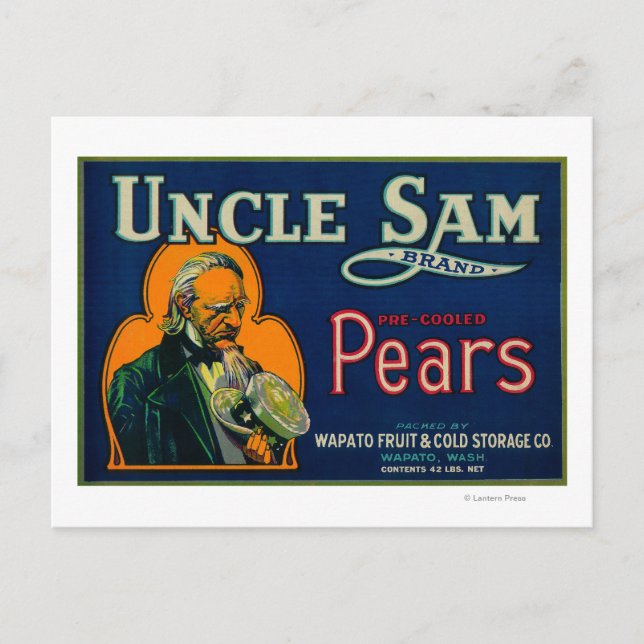 Uncle Sam Pear Crate LabelWapato, WA Postcard (Front)