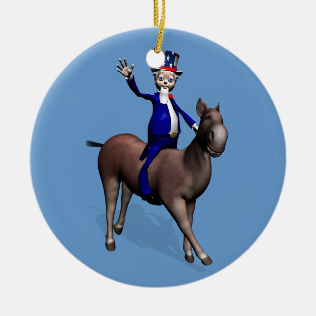 Uncle Sam Riding On Donkey Ceramic Tree Decoration (Front)