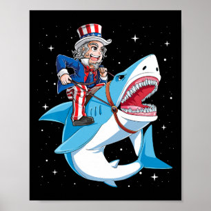 Uncle Sam Riding Shark T Shirt 4th Of July Kids Bo Poster