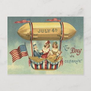 Uncle Sam US Flag Zeppelin Air Balloon Postcard