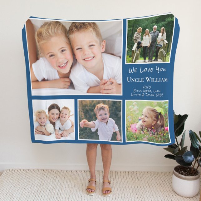 Uncle We Love You Photo Collage Blue Fleece Blanket (Creator Uploaded)