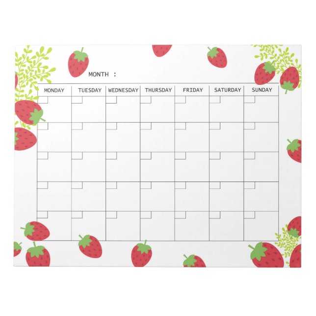 Undated Minimal Strawberry Monthly Planner  Notepad (Front)