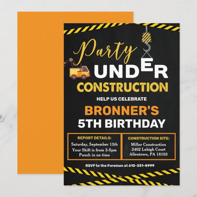 Under Construction Birthday Invitation (Front/Back)
