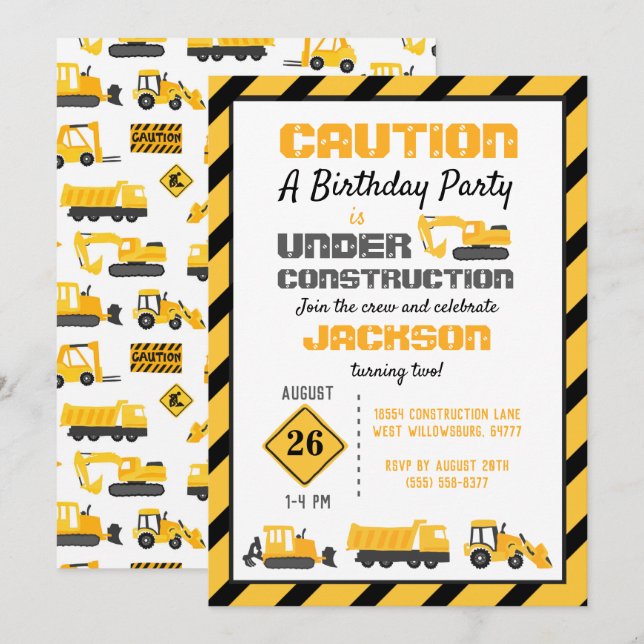 Under Construction Birthday Party Invitation (Front/Back)