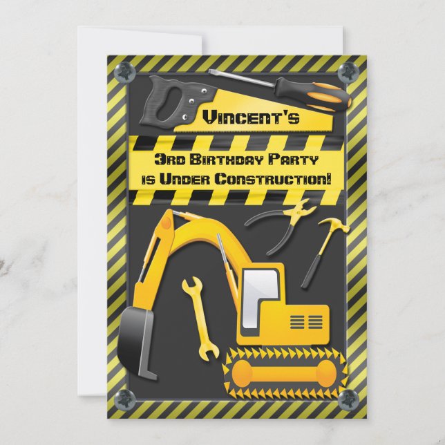 Under Construction Birthday Party Tools Diggers Invitation (Front)