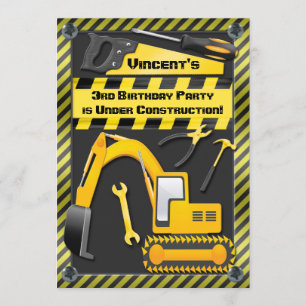 Under Construction Birthday Party Tools Diggers Invitation