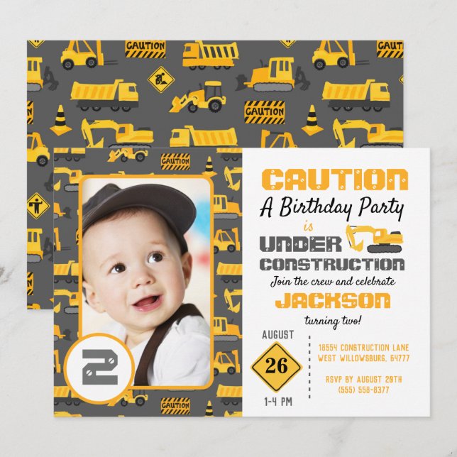 Under Construction Birthday Photo Invitation (Front/Back)