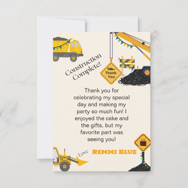 Under Construction! Birthday Thank You Card (Front)