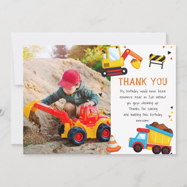 Under Construction Birthday Thank You Card (Front)