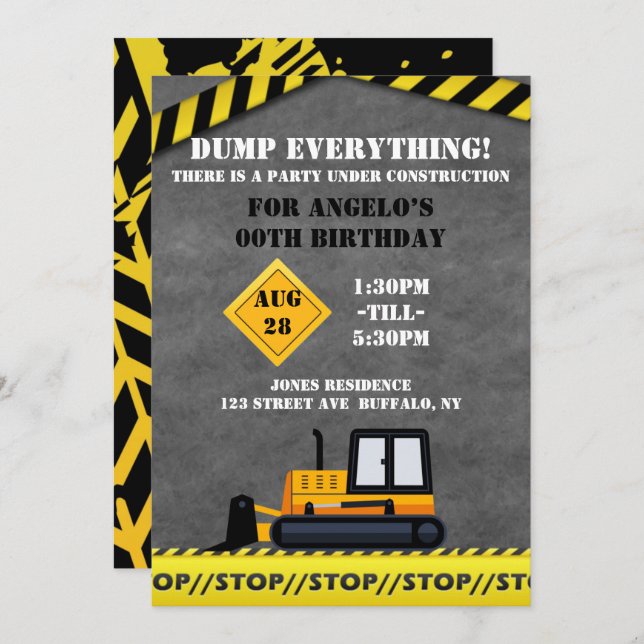 Under Construction Bulldozer Birthday Party (Front/Back)