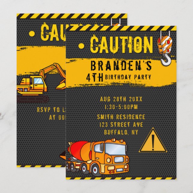 Under Construction Caution Trucks Birthday Party 5 Invitation (Front/Back)