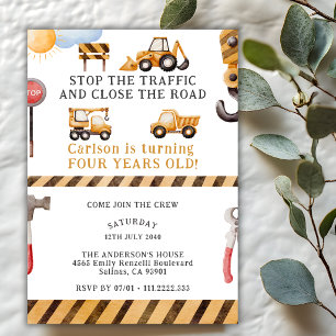 Under Construction Dump Truck 4th Birthday Party Invitation