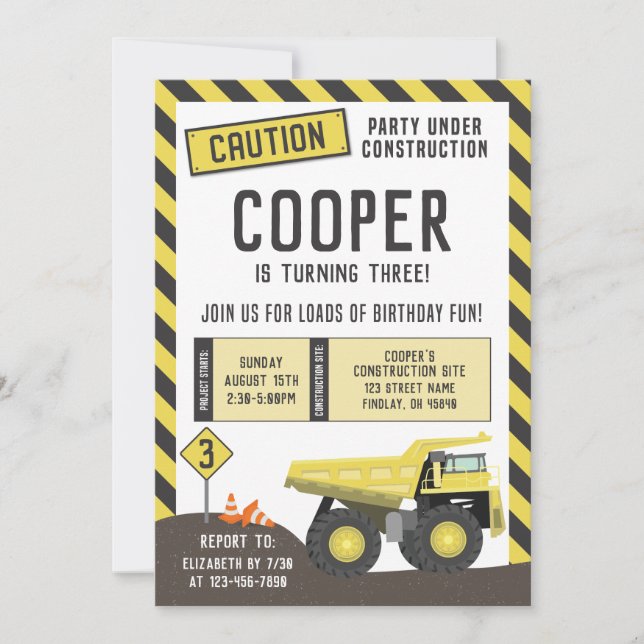 Under Construction Dump Truck Birthday Any Age Invitation (Front)