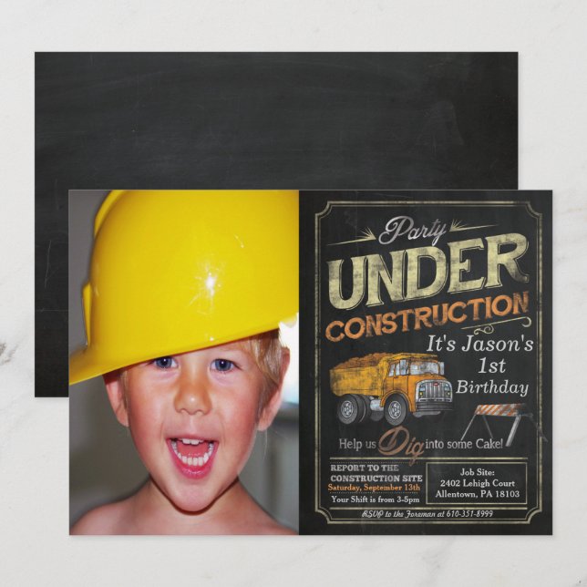 Under Construction Dump Truck Birthday Invitation (Front/Back)