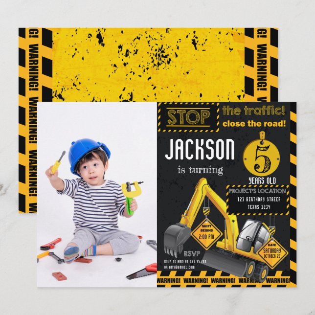 Under Construction Excavator Birthday Photo Invitation (Front/Back)