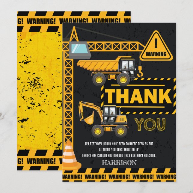 Under Construction Excavator Birthday Thank You Card (Front/Back)